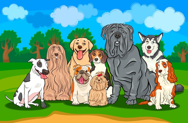 Purebred dogs group cartoon illustration