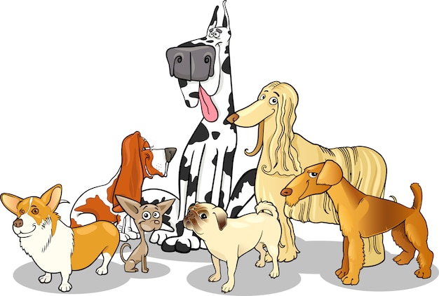 Purebred dogs group cartoon illustration