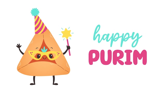 Banner per le vacanze di purim con biscotti hamantaschen divertenti personaggi dei cartoni animati. buon giorno di purim