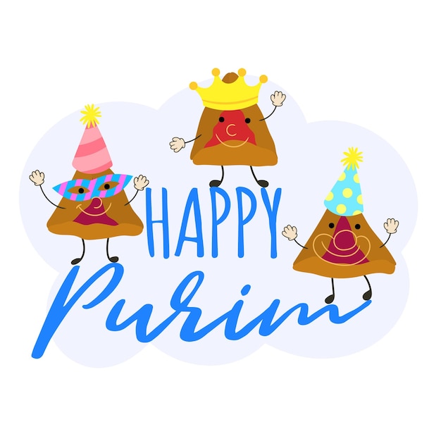 Purim-vakantieontwerp met grappige stripfiguren van hamantaschen-koekjes