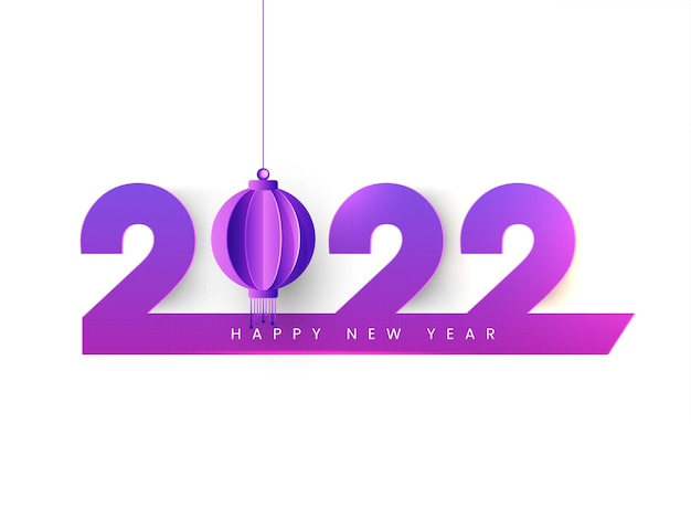 Purple 2022 Number With Halftone Effect And Hanging Paper Lanterns On White Background For Happy New Year Concept.