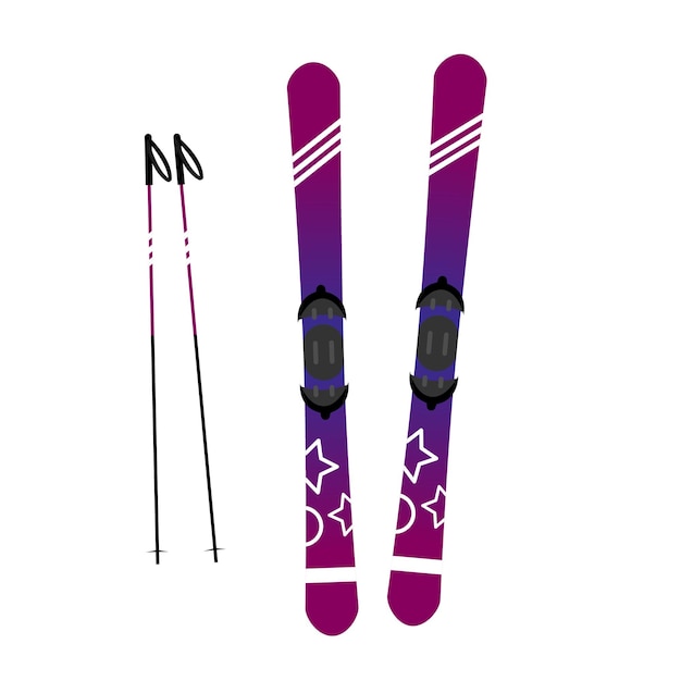 Фиолетовые горные лыжи и палки векторные иллюстрации, изолированные на белом фоне. Зимний вид спорта.