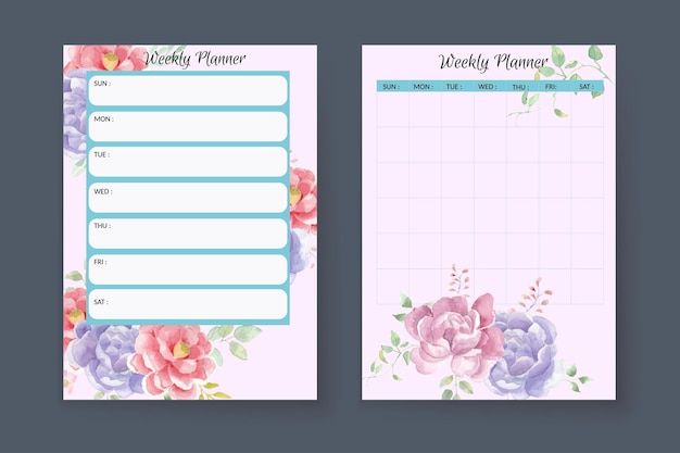 紫とピンクのバラの水彩ウィークリー プランナー