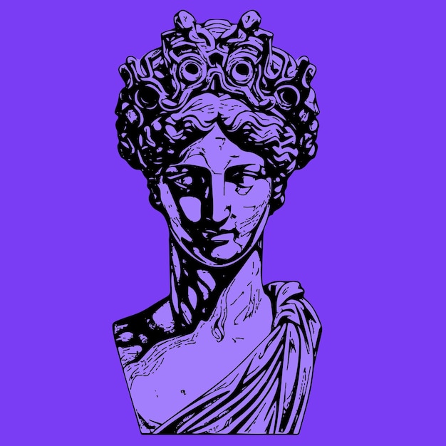 Purple antique statue head of greek sculpture sketch engraving style vector illustration