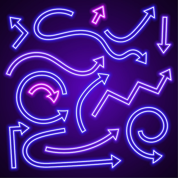 Purple arrow neon vector set