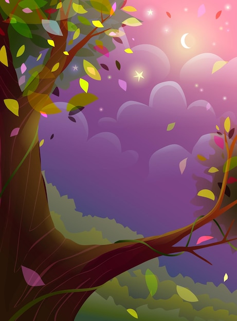 Vector purple autumn or summer night landscape scenery