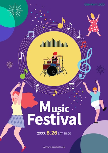 Vector purple background illustration with people enjoying a music festival and a drum player