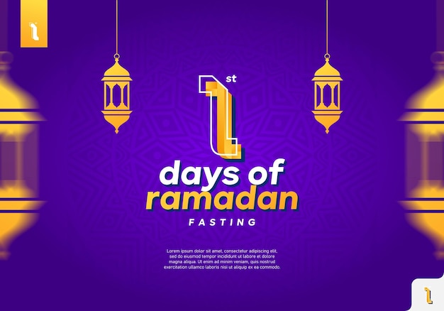 Uno sfondo viola con uno striscione di 1 giorno di digiuno del ramadan.