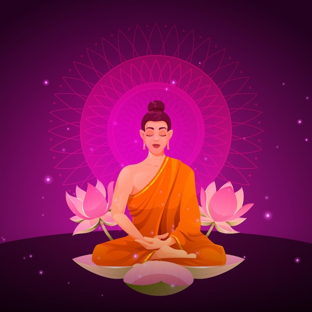 A purple background with a buddha sitting in the middle of it