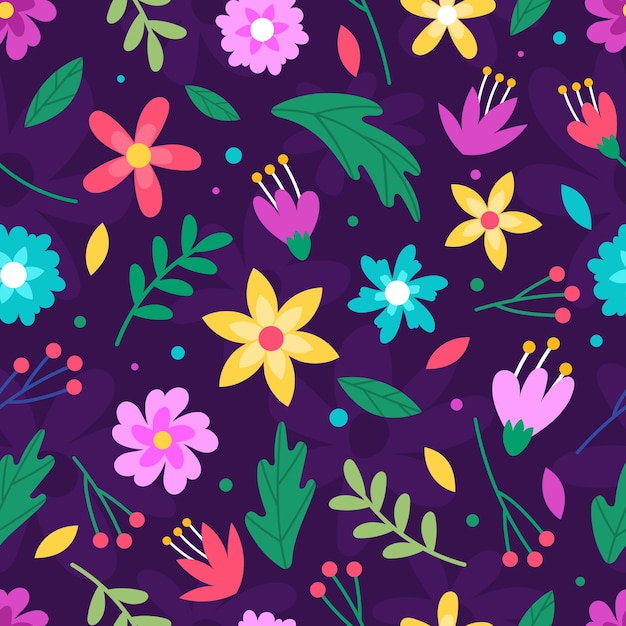 a purple background with colorful flowers and leaves