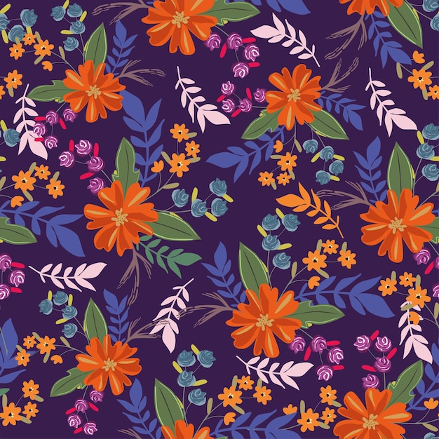 紫色の背景に花や葉や蝶が