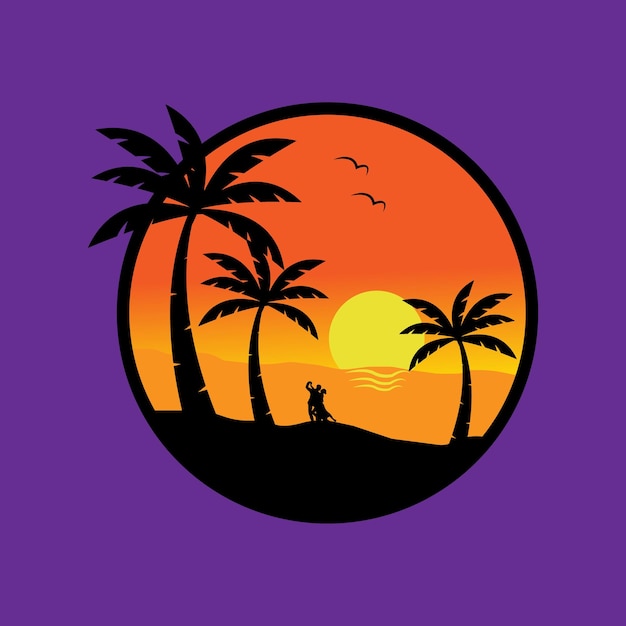 Purple background with palm trees and sunset with silhouettes of men and women dancing on the beach