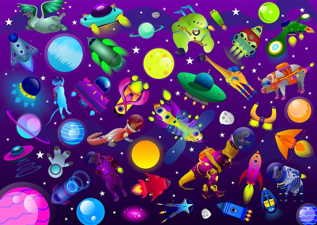 A purple background with a variety of objects including planets, planets, and a spaceship.