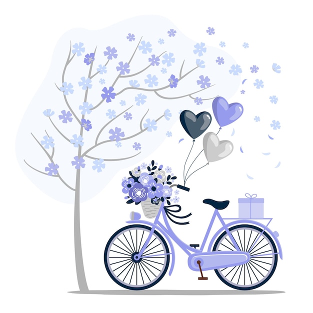 Purple bicycle with balloons under a flowering tree.