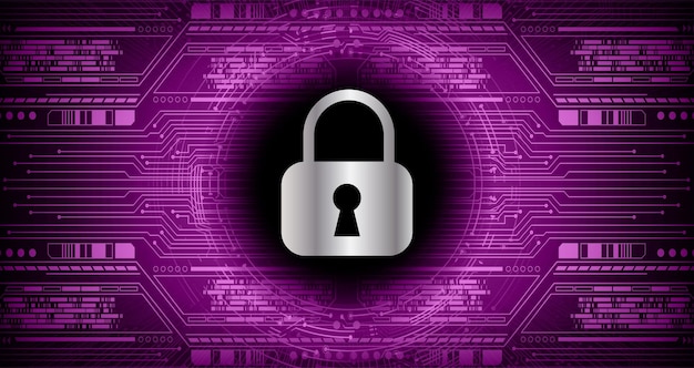 A purple and black background with a lock and a circuit board in the background.