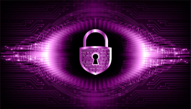 A purple and black background with a padlock and a circuit board with the word security on it.