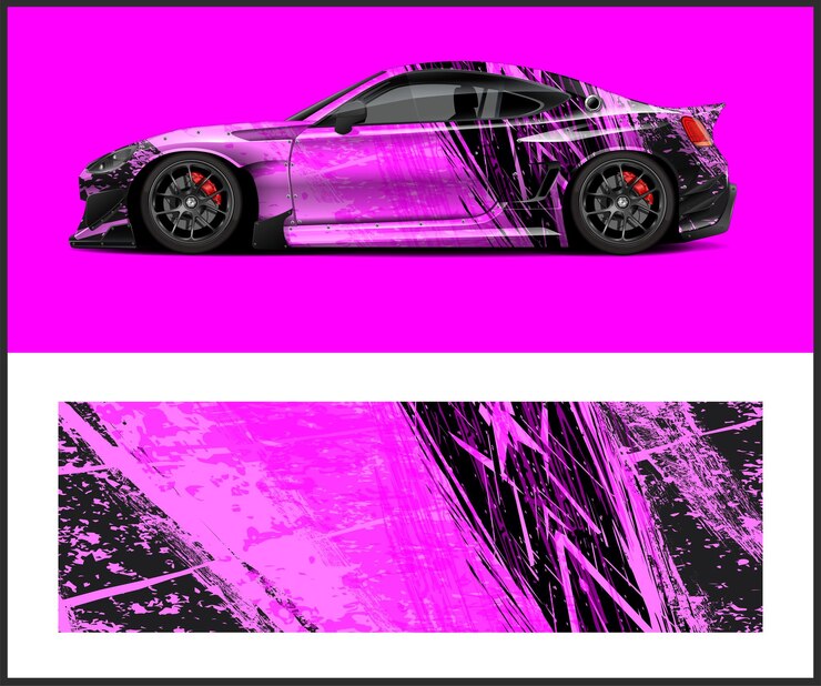 A purple and black car with the word nissan on it
