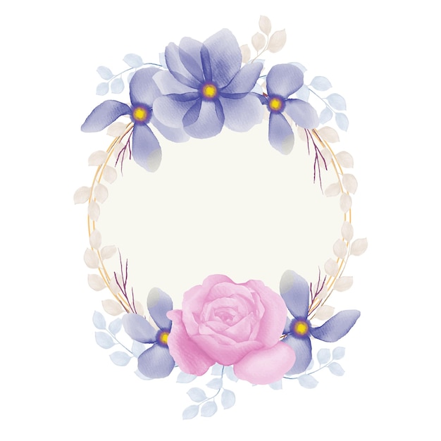 Vector purple and blue flower and pink rose watercolor floral frame