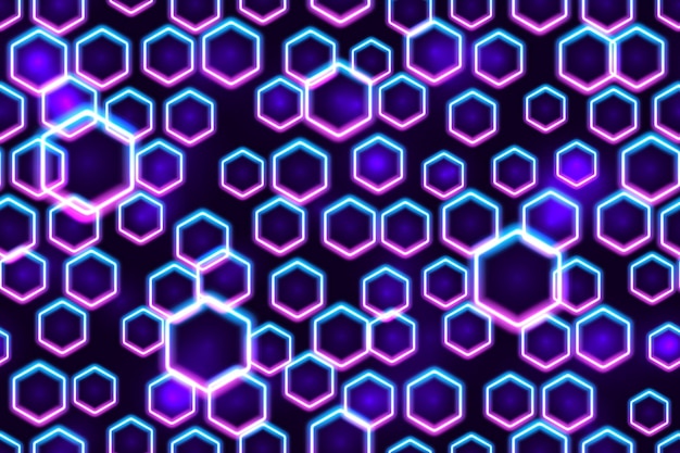 Purple and blue neon hexagons seamless pattern