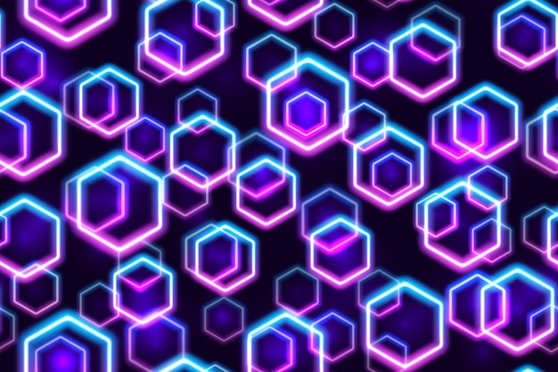 Purple and blue neon hexagons seamless pattern