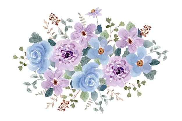 Vettore bouquet floreale ad acquerello blu viola