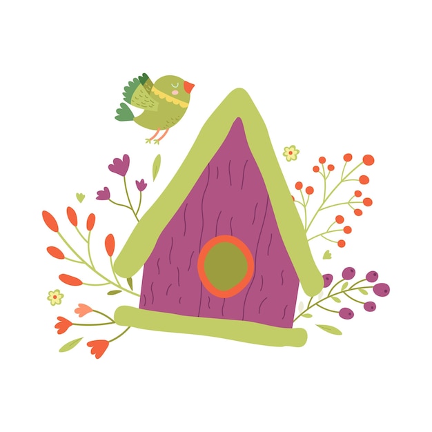 Vector purple cartoon birdhouse with flying green bird and flowers around. for easter spring greeting card