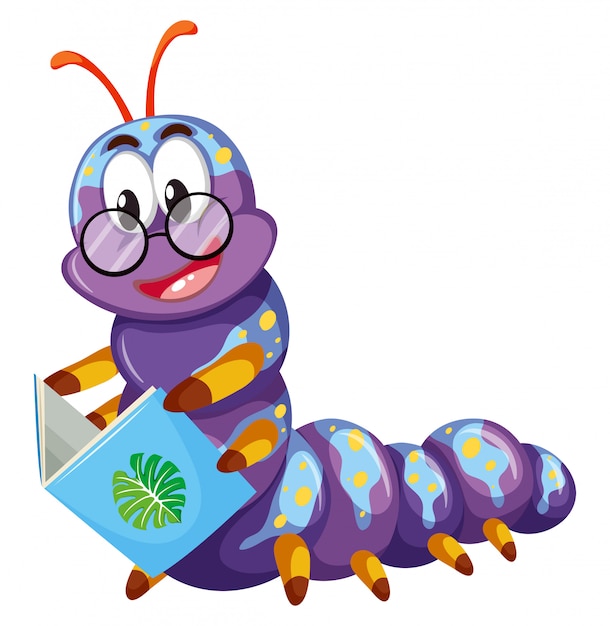 Vector purple caterpillar reading book