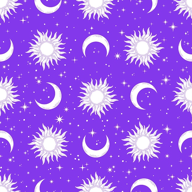 白い太陽と月と紫色の天体のシームレスなパターン