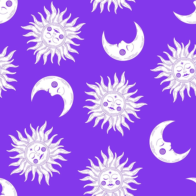 Purple celestial sun and moon seamless pattern.