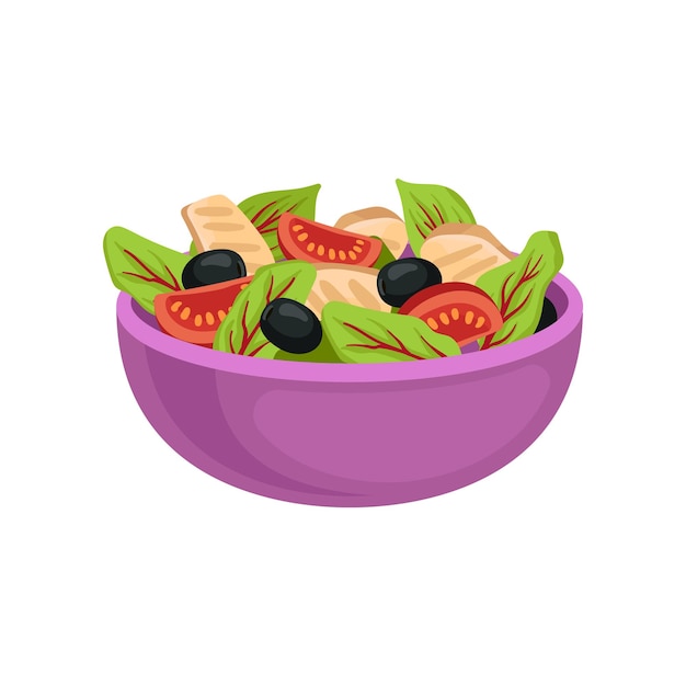 Purple ceramic bowl with fresh salad Organic and healthy food Appetizing dish Flat vector for menu or promo poster
