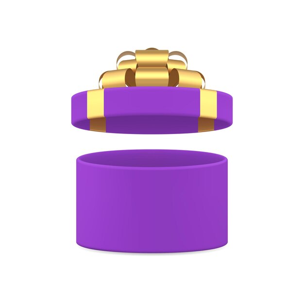 Purple circle open gift box stylish package with golden bow ribbon 3d icon realistic vector