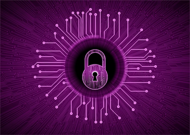 A purple circuit board with a lock in the middle that says cyber security.