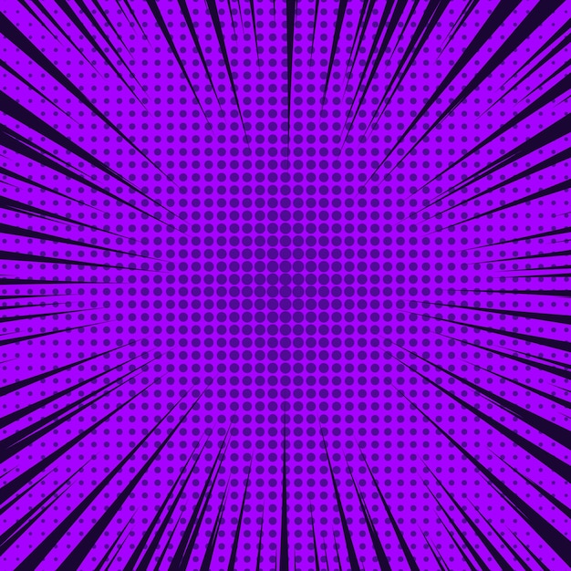 Purple comic book page background in pop art style with empty space. template with rays, dots and halftone effect texture. vector illustration