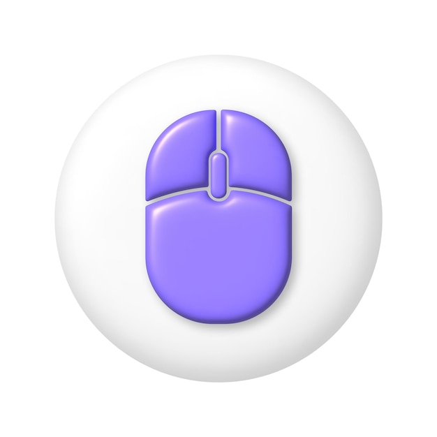 Vector purple computer mouse icon on white round button 3d cartoon design element vector illustration