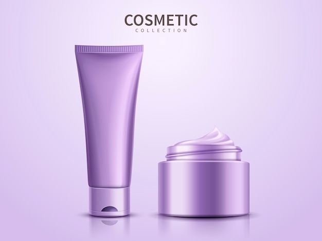 Vector purple cosmetic product templates, blank containers  on purple background in  illustration