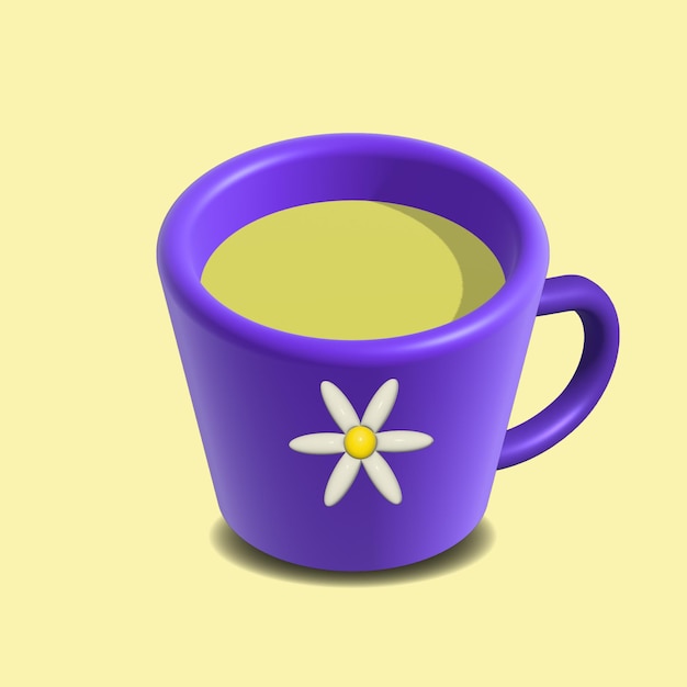 Purple cup with chamomile tea and chamomile flower 3d illustration