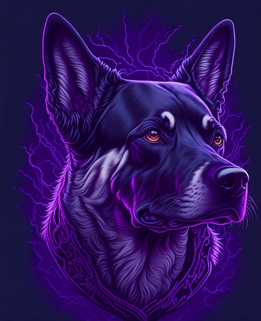 A purple dog with a black face and orange eyes.