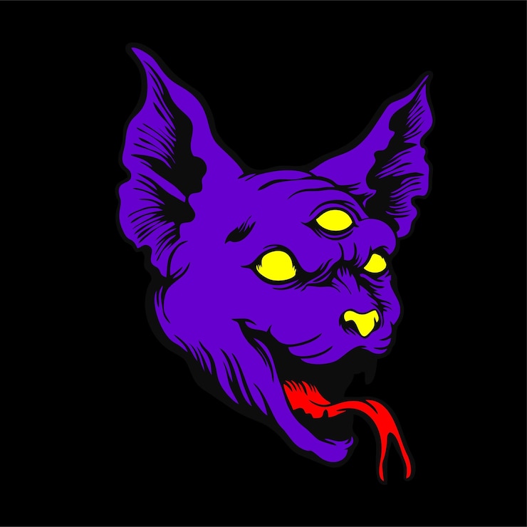 Vector a purple dog with yellow eyes and a red nose is on a black background.