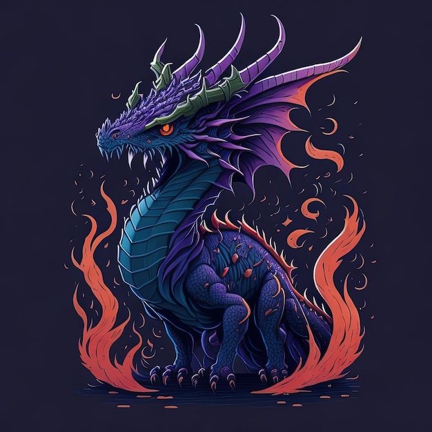 A purple dragon with a red eye and orange flames.