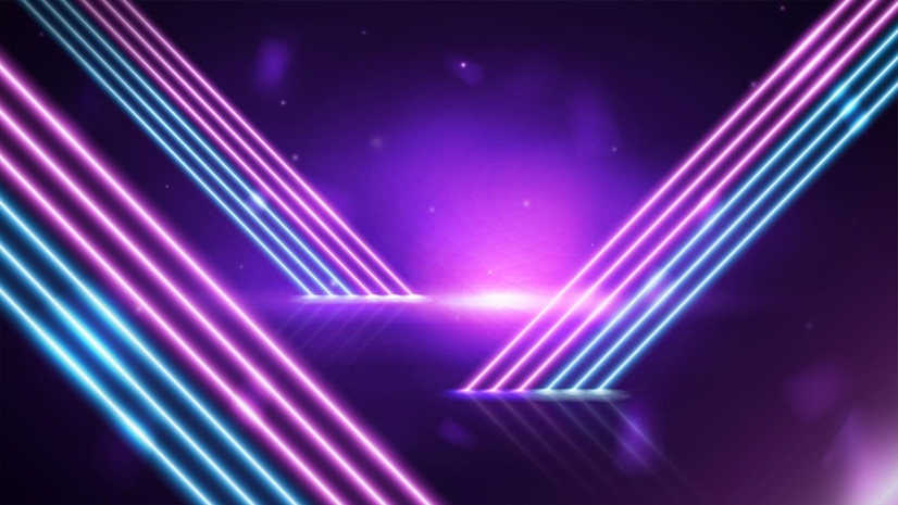  Purple empty scene with diagonal pink and blue line neon lamps on background