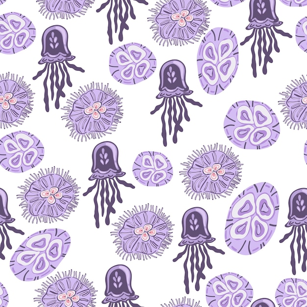 Vector purple flat design jellyfish seamless pattern