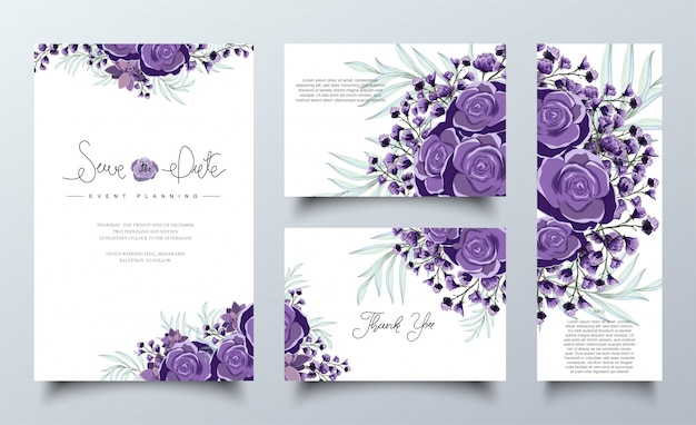 Purple floral invitation cards template set