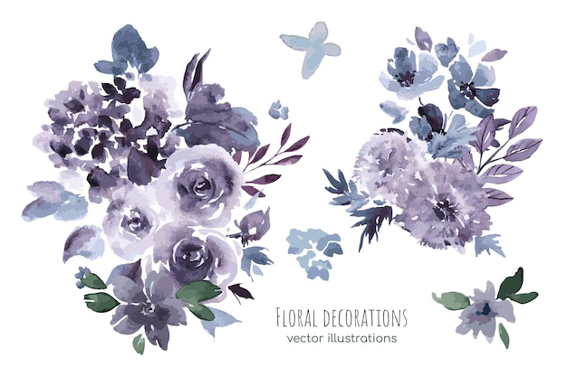 Purple floral watercolor decorations set with roses and hydrangea, vector illustration