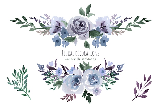 Purple floral watercolor decorative elements, symmetric design elements, vector illustration