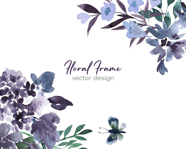 Cornice acquerello floreale viola, rose sciolte e foglie, illustrazione vettoriale