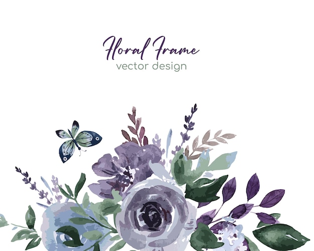 Purple floral watercolor frame, loose roses and leaves, vector illustration