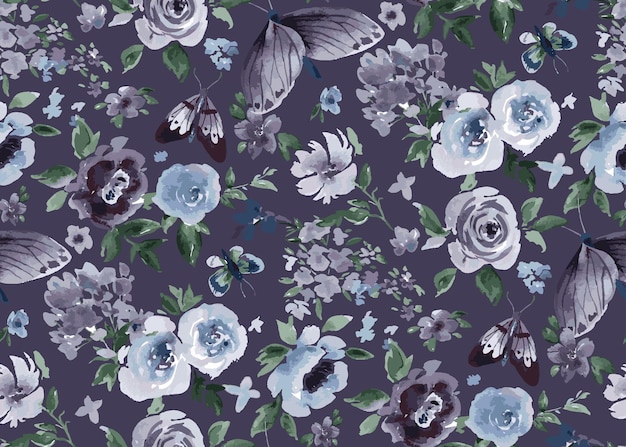 Vettore reticolo senza giunte dell'acquerello floreale viola con rose e farfalle, illustrazione vettoriale