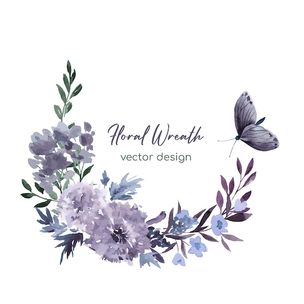 Purple floral watercolor wreath with roses and leaves, vector illustration