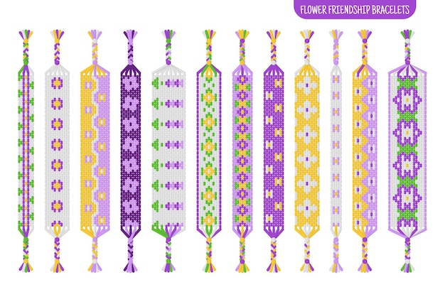 Braccialetti dell'amicizia fatti a mano con fiori viola set di fili o perline tutorial modello normale macrame