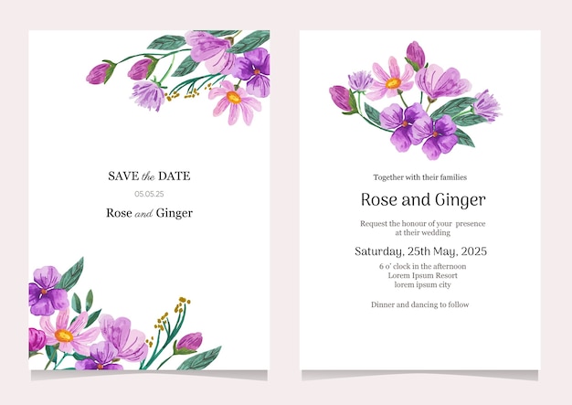紫の花の水彩イラスト結婚式の招待カードテンプレート